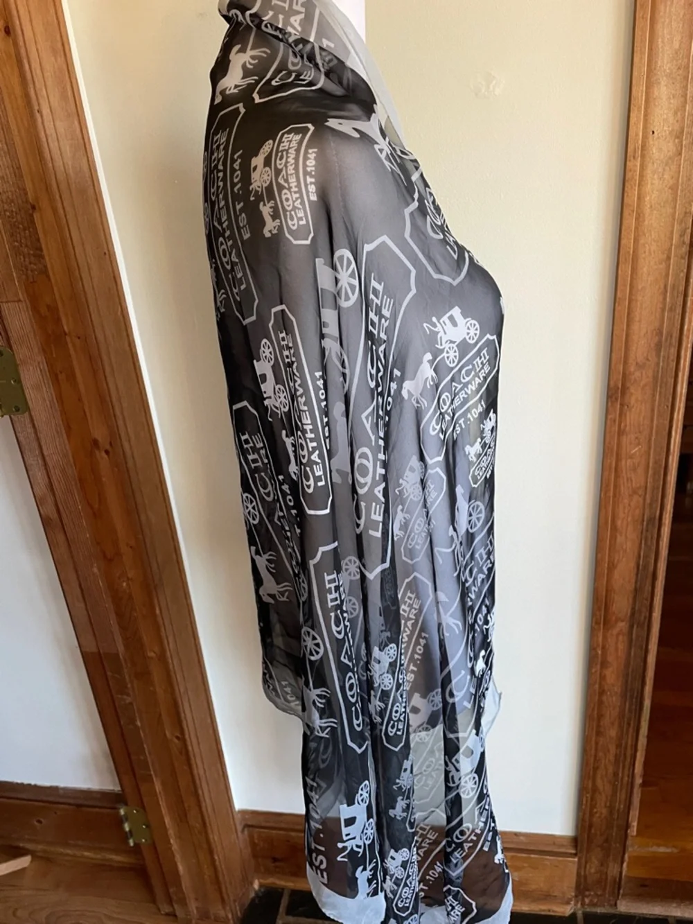 COACH Black and White Logo Horse & Carriage Print Silk Oblong Scarf